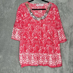 The Paragon L Large Shirt Top Red Floral 3/4 Sleeve Scoop Neck Sequin Cotton